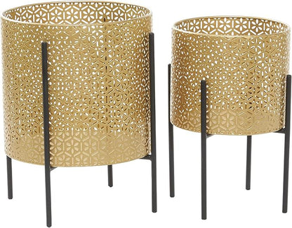 CosmoLiving by Cosmopolitan Metal Indoor Outdoor Planter Floral Cutout Small Planter Pot with Removable Stand, Set of 2 Planters 15", 14"H, Gold