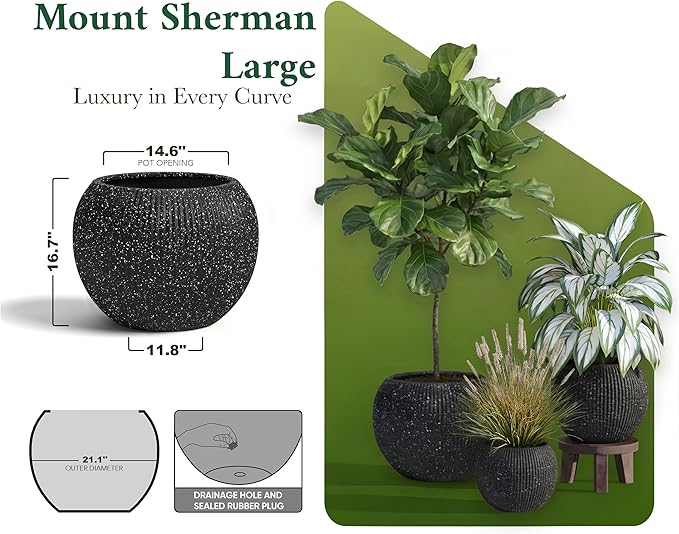 DTY Mt Sherman 21.1'' D x 16.7'' H (Pot Opening 14.6") Fiberstone Round Planter with Drainage Hole, Smooth Finishes, Weather Resistant for Indoor and Outdoor, 2 Extra Coco Mats - Ribbed Black, Large