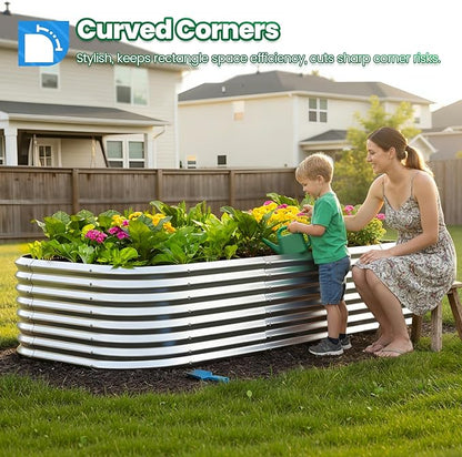 Quictent Galvanized Tall Raised Garden Bed Kit, 8x4x2 ft Oval Large Planting Box, for Vegetables Outdoor Strengthened by Crossbar (Silver)