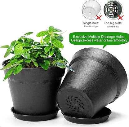 16 Pack Plastic Plant Pots with Drainage Holes and Tray, 4 inch Thickened Indoor Planters Seedlings Nursery Pots for Flowers, African Violet, Succulent and All House Plants, Black