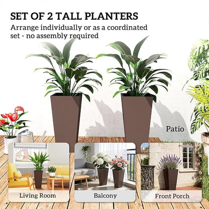 Outsunny 23 Inch Tall Planters for Outdoor Plants, Set of 2 Plastic Flower Pots, Weather and UV Resistant Stackable Tapered Large Planters for Front Door Patio Garden Use, Brown