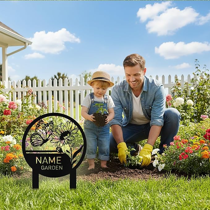 Custom Metal Garden Sign with Stake, Personalized Butterfly Flower Garden Signs for Outside, Customized Garden Name Signs for Yard Lawn Outdoor Decor Gardening Gifts for Moms Grandmas Gardeners