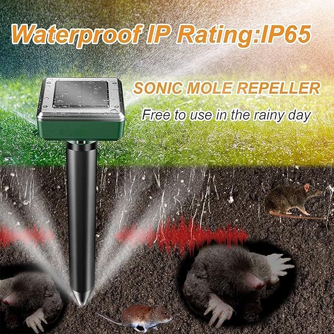Pack of 4 Solar Mole Repellent Sonic Gopher Repellent Vole Chaser Mole Deterrent Sonic Spikes Repellent Ultrasonic Pest Control Outdoor Keep Moles Out of Yard Lawn