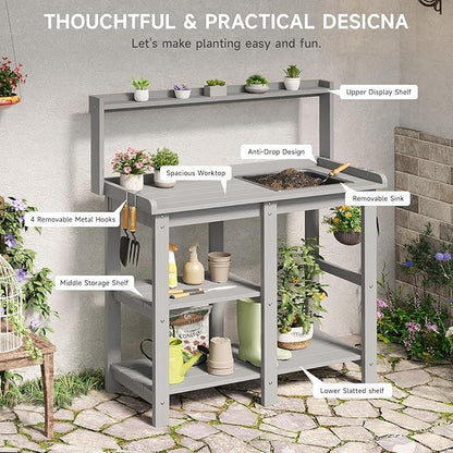 ONBRILL Potting Bench, Outdoor Potting Bench Table with Removable Sink, HDPS Potting Benches for Outside, Garden Table with Storage Shelves & 4 Side Hooks, No Rot, No Fade, No Break, 360lbs Capacity