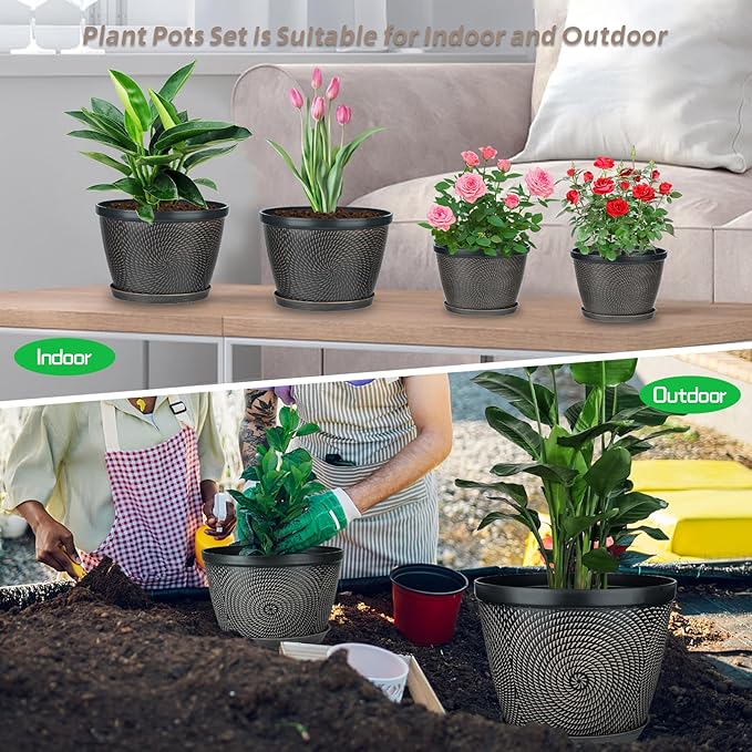 Quarut 4 Pack 6 Inch Flower Pots for Outdoor Indoor, Plastic Plant Pots with Drainage Hole & Saucer, Lightweight Small Flower Pot, Circle Pattern Planters for Garden House planters（Brown）