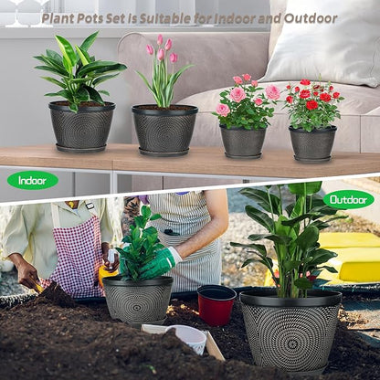 Quarut 4 Pack 8 Inch Flower Pots for Outdoor Indoor, Plastic Plant Pots with Drainage Hole & Saucer, Lightweight Small Flower Pot, Circle Pattern Planters for Garden House planters（Brown）