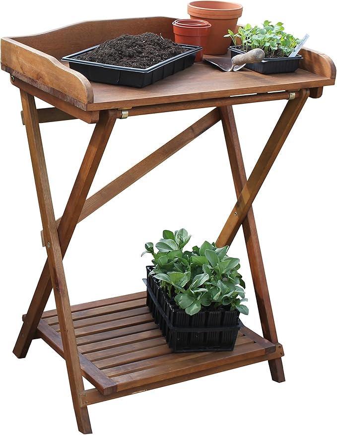 Haxnicks Hardwood Potting Table – Folding Garden Workbench with Storage Shelf & Soil Guard | Acacia Wood | 29.5" W x 39.3" H x 18.8" D