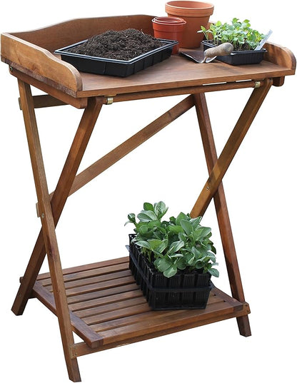 Haxnicks Hardwood Potting Table – Folding Garden Workbench with Storage Shelf & Soil Guard | Acacia Wood | 29.5" W x 39.3" H x 18.8" D