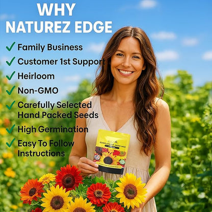 NatureZ Edge 2600+ Sunflower Seeds for Planting Bulk Variety Pack, Get More Sunflower Seeds to Plant, from Dwarf Sunflowers to Giant Sunflower Seeds, Includes Mammoth Sunflower Seeds, Non-GMO