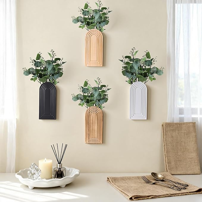 DREAMLOOM 2 Pack Wooden Wall Vases with Fake Plants, Wall Hanging Planters Boho Modern Farmhouse Indoor for Narrow Spaces Entryway Bathroom Home Office Decoration, Brown