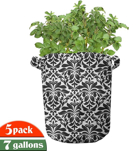 Ambesonne White Damask Grow Bags 5-Pack, Flourish Curls Strokes, Heavyduty Fabric Pots with Handles for Plants, Charcoal Grey