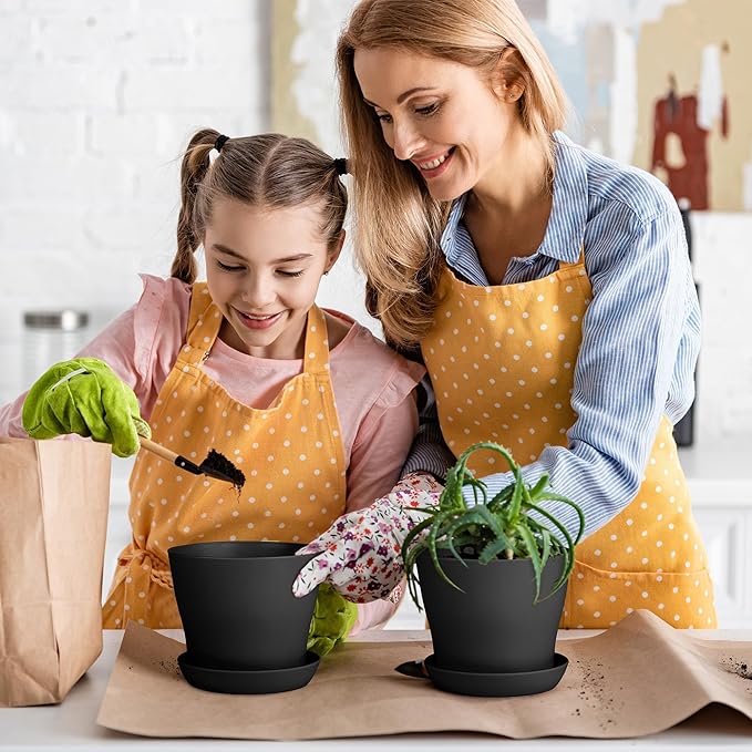 Aodaer 16 Pack 4 Inch Plastic Planters with Multiple Drainage Holes and Tray Indoor Outdoor Flower Plant Nursery Pots with Labels Flower Seedling Pots for Herb Garden Home Succulents, Black
