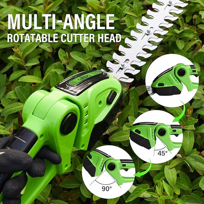 SOYUS Cordless Grass Shear, 2-in-1 Handheld Hedge Trimmers, 21V Electric Grass Trimmer & Shrubbery Trimmer, Battery Operated Hedge Trimmer for Garden/Lawn with Charger and 2Pcs Batteries