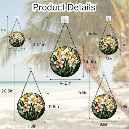 Stained Glass Window Hanging, Yellow and White Daffodils Sun Catcher for Door Home Decor Plants Flowers Suncatcher Christmas Mother's Day Birthday Gifts for Women Men Mom Nana 11.8 in