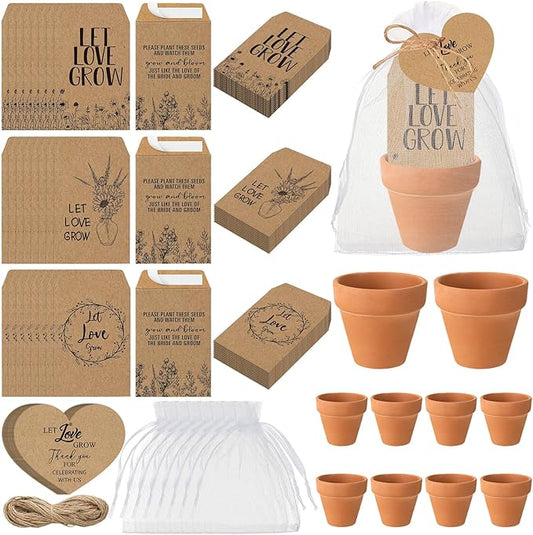24 Sets Wedding Favor Flower Seeds Let Love Grow Seed Packets for Guests Family Reunion Wildflower Mini Terracotta Pots Seed Packets Self Adhesive Envelopes Thank You Tags Organza Bags