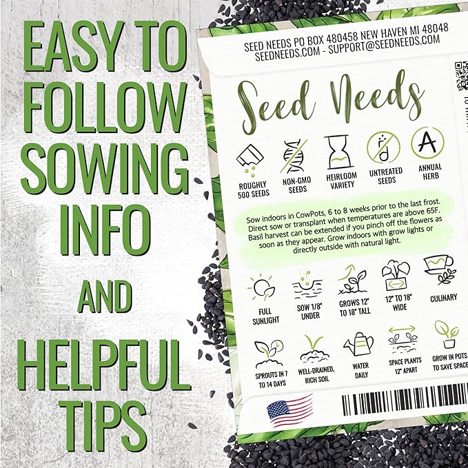 Seed Needs Basil Seeds for Planting Italian Large Leaf Herbs - Non-GMO Heirloom & Untreated - Grow an Indoor or Outdoor Home Grown Herb Garden (20 Packs)