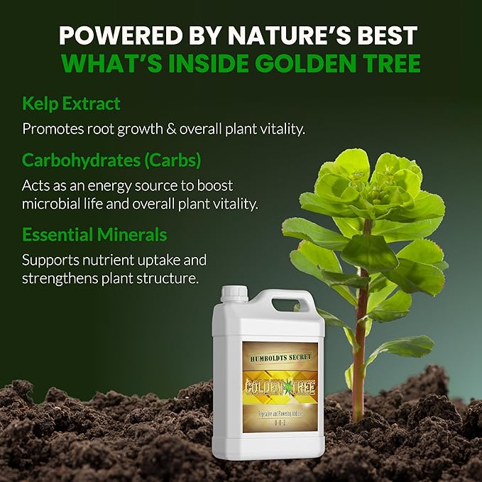 Humboldts Secret Golden Tree Liquid Plant Food | Enhances Growth Indoors or Outdoors | All-in-One Plant Nutrients for Vegetables, Trees, Flowers, Fruits, Roses, Lawns, Tomatoes | 1 Gallon