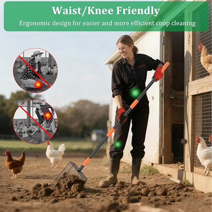 2-in-1 Chicken Poop Scooper & Rake, Heavy-Duty Chicken Coop Scoop with 33-61" Adjustable Handle and 14" Long Shovel Head, Metal Litter Scoop Sand Poop Shovel, Chicken Coop Cleaning Accessories