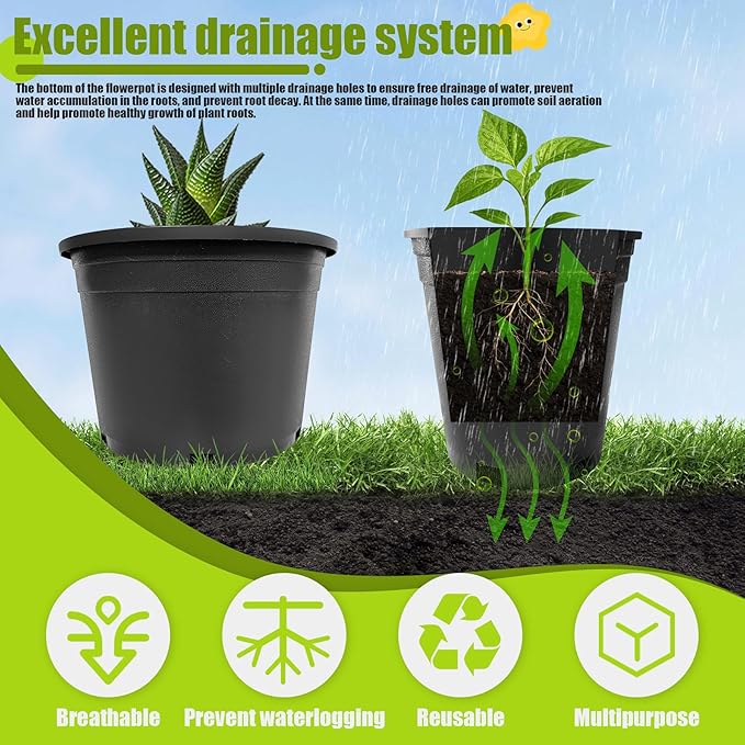 5 Gallon Nursery Pots Plastic Container Injection Molded Pot for Plants Flexible with Drainage Holes Suitable for Plants Soil Growers or Hydroponics Black 10 Pcs