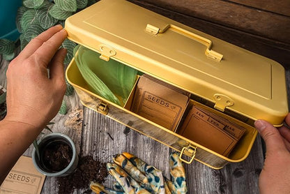 Seed Storage Organizer –Waterproof Metal Seed Box with Storage Bags, Dividers, 4 Compartments with Lid and Safety Locks, Portable Side Handles, Perfect for Garden Seeds, Labels & Tools – Yellow