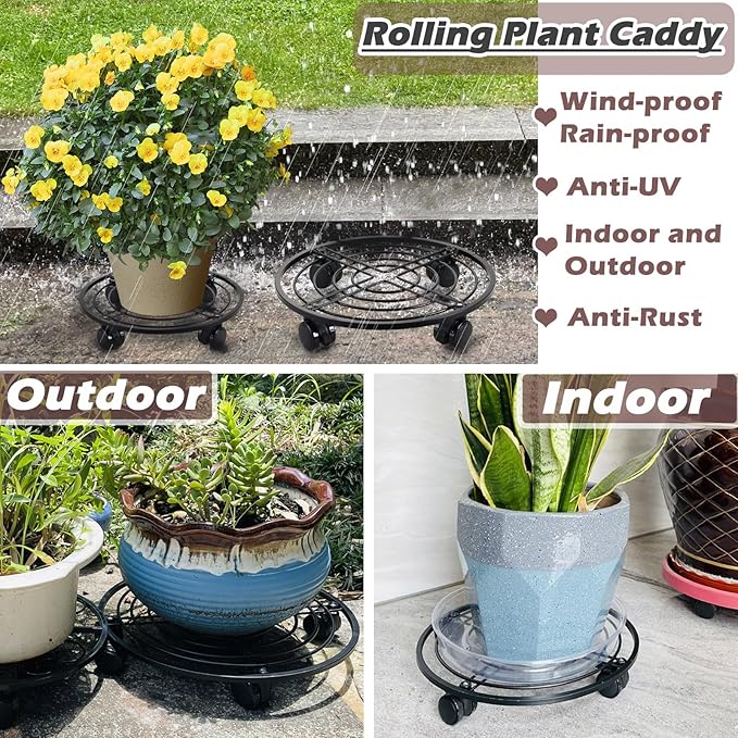 15.8" Metal Plant Caddy with Wheels 5 Packs Extra-large Rolling Plant Stands Wheeled Plant Dolly Heavy-duty Pot Mover Roller Base Indoor Outdoor Plant Trolley Cart with Brake Water-proof, Black