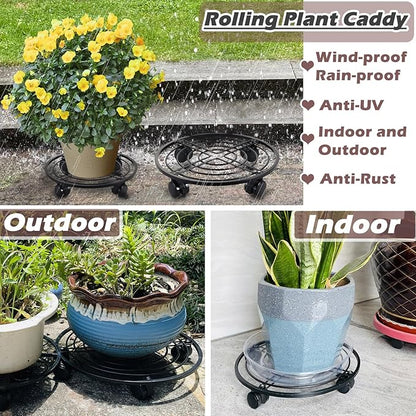 15.8" Metal Plant Caddy with Wheels 5 Packs Extra-large Rolling Plant Stands Wheeled Plant Dolly Heavy-duty Pot Mover Roller Base Indoor Outdoor Plant Trolley Cart with Brake Water-proof, Black