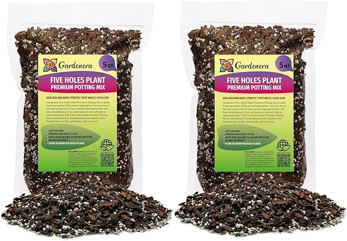 GARDENERA Five Holes Monstera Planting Mix - Promotes Steady Growth and Healthy Leaves - 10 Quart (2 Bags of 5 Quart)