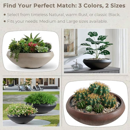 Concrete Bowl Planter, 19"Dia Large Succulent Pot with Drain Hole, Lotus Planter 16.7"Opening Flowerpot for Herbs, Bonsai, and Shallow-root Plants, Indoor & Outdoor Garden, Patio Decor, Medium-Black
