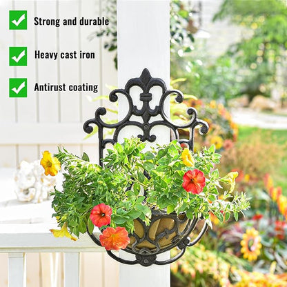 Sungmor 2 Pack Wall Hanging Planter Basket with Fabric Liner, Antique Victoria Style Cast Iron Wall Planter Holder, Outdoor Railing Fence Balcony Metal Hanging Basket Half Round Flower Pots