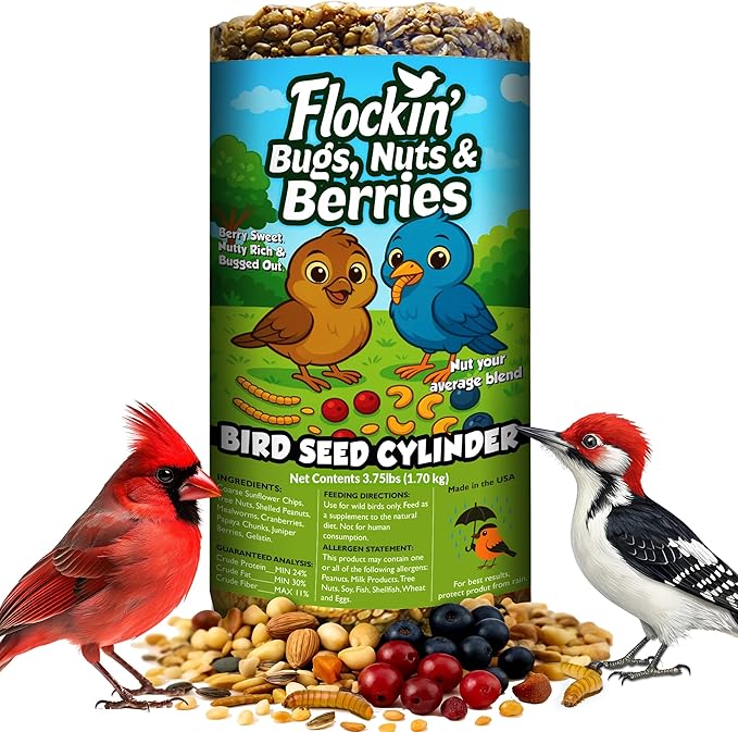 Bugs, Nuts & Berries Bird Seed Cylinders with Hole – Wild Bird Food for Blue Bird, Woodpeckers, Cardinals & More – Premium Protein-Rich All Natural Blend, No Fillers – USA Made (3.75 lbs, 6" x 7.75")