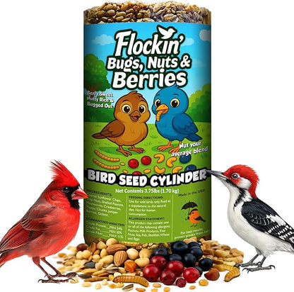 Bugs, Nuts & Berries Bird Seed Cylinders with Hole – Wild Bird Food for Blue Bird, Woodpeckers, Cardinals & More – Premium Protein-Rich All Natural Blend, No Fillers – USA Made (3.75 lbs, 6" x 7.75")
