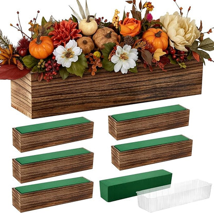 Dandat 6 Set Wooden Boxes for Centerpieces 16x4 Inch Rectangle Wooden Planter Box Rustic Wood Planter with Removable Plastic Liner Floral Foam Blocks for Centerpieces Home Wedding Garden Decor