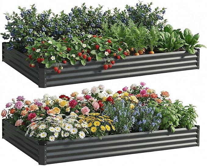 2PCS 6x3x1 FT Rectangle Metal Raised Garden Bed Kit, Elevated Garden Planter Box Outdoor, Large Planters for Outdoor Plants, Flower, Vegetables, Fruit, Herbs (Dark Gray)