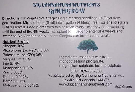 Big Cannahuna Nutrients Ganjagrow - Fertilizer for Vegetative Growth in Plants, 500 Grams