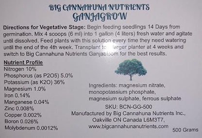 Big Cannahuna Nutrients Ganjagrow - Fertilizer for Vegetative Growth in Plants, 500 Grams