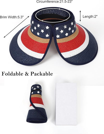 Womens Beach Straw Sun Hats Ponytail Hole Wide Brim Summer Visor Foldable Hat Sun Protection Packable for Travel Pool