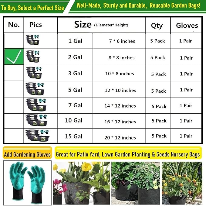 5-Pack 2 Gallon Thickened Plant Grow Bags (8x8 inch) Nursery Bags Fabric Plant Pots Garden Bag for Flower Pots,Herbs Veggies Planter Bag,Garden Pot,Barrel Planter,Plant Container with Gardening Gloves