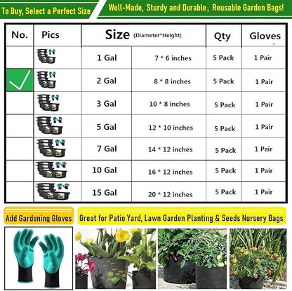 5-Pack 2 Gallon Thickened Plant Grow Bags (8x8 inch) Nursery Bags Fabric Plant Pots Garden Bag for Flower Pots,Herbs Veggies Planter Bag,Garden Pot,Barrel Planter,Plant Container with Gardening Gloves