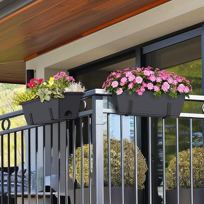 CADUKE Railing Planter Boxes 2 Pack Railing Flower Box with Adjustable Bracket 17 Inch Window Boxes Rectangle Window Deck Hanging Planters Boxes for Outdoor Patio, Gray