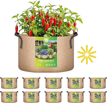iPower 10 Pack 15 Gallon Grow Bags with Labels, 300G Thickened Nonwoven Plant Fabric Pots with Handles, Aeration Garden Grow Pots for Tomato Potato Vegetables, Fruits, Flowers, Tan