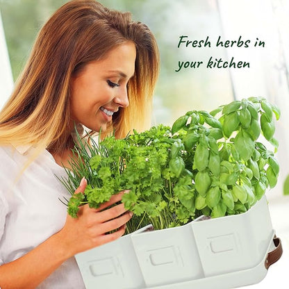 volila Herb Planter Indoor - Set of 3 Warmstone Indoor Herb Garden Pots for Plants with Leather Handled Tray - Window Sill Plant Shelf - Herb Pots with Drainage Holes and Labels