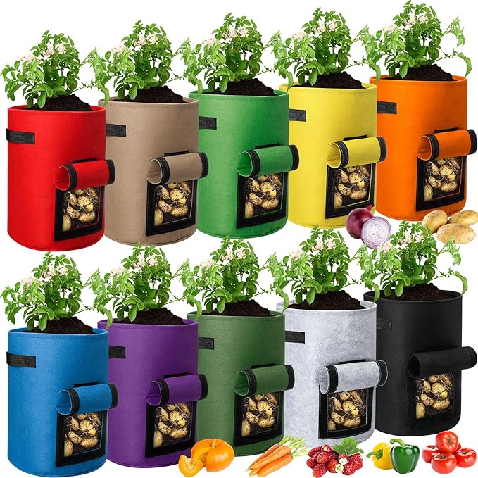 Hushee 10 Pas 10 Gallon Potato Grow Bags Garden Planting Bag with Handle Fabric Thick Fabric Containers for Tomato Vegetable