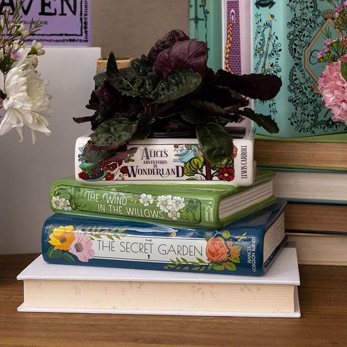 Steel Mill & Co Original Small Book-Shaped Decorative Planter, Ceramic Planter for Home Decor, Cute Bookshelf Accent, Unique Planter for Book Lovers, Alice/Wind in The Willows/Secret Garden