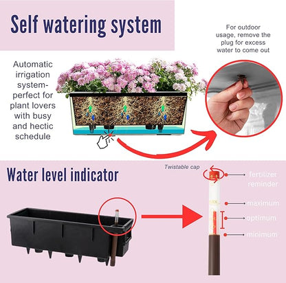 LaLaGreen Railing Planter Box (20 Inch, 4 Pack) Black Rectangular Window Flower Boxes with Bracket, Self Watering System Hanging Planter Box for Outdoor Plant Pots Container Deck Rail Fence Balcony