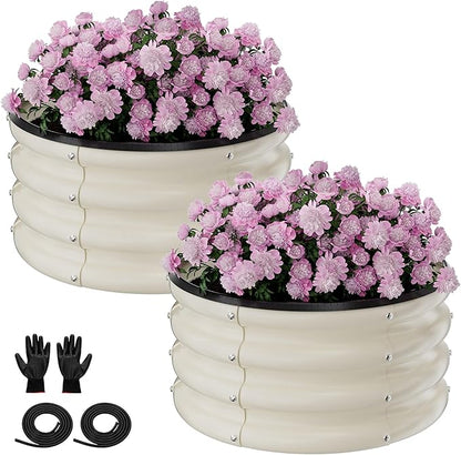 Round Galvanized Raised Garden Bed Kit, 2 Pcs 2 x 2 x 1ft Pearl White Galvanized Garden Boxes, Outdoor for Vegetables