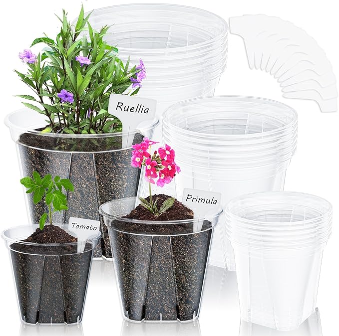 18 Pack Clear Nursery Pots for Plants, 3.9/4.7/5.5 Inch Reinforced Plastic Plant Pots with Drainage Holes High Transparency Plant Pot Seed Starter Pot High Transparency with 10 Plant Labels