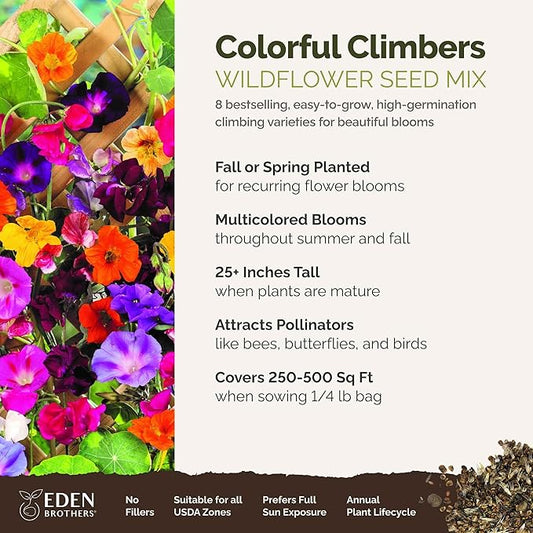 Eden Brothers Colorful Climbers Flower Mixed Seeds for Planting, 1/4 lb, 120,000+ Seeds with Morning Glory, Sweet Pea | Attracts Pollinators, Plant in Spring or Fall, Zones 3, 4, 5, 6, 7, 8, 9, 10