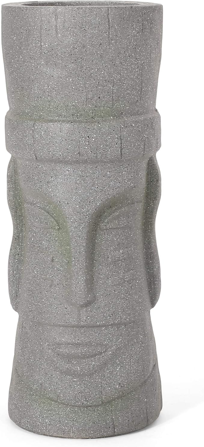 Christopher Knight Home Jorine Lightweight Concrete Planter, Cast Stone Planter, Moai Design Urn, Tall Plant Pot, Easter Island Garden Pot with Drainage Hole for Backyard Hall Garden, Stone Gray