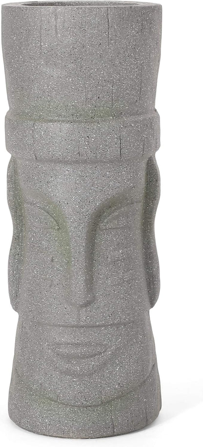Christopher Knight Home Jorine Lightweight Concrete Planter, Cast Stone Planter, Moai Design Urn, Tall Plant Pot, Easter Island Garden Pot with Drainage Hole for Backyard Hall Garden, Stone Gray