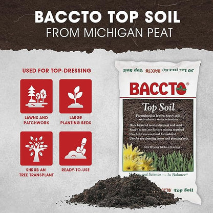 Michigan Peat Company Baccto Top Soil for Lawns, Patchworks, Gardens, Planting Beds, and Shrub and Tree Transplant Mixtures, 50 Pound Bag, 50 Pack